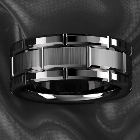 Men's 8mm Tungsten Black Grooved Bushed Brick Pattern Comfort-Fit Wedding Band
